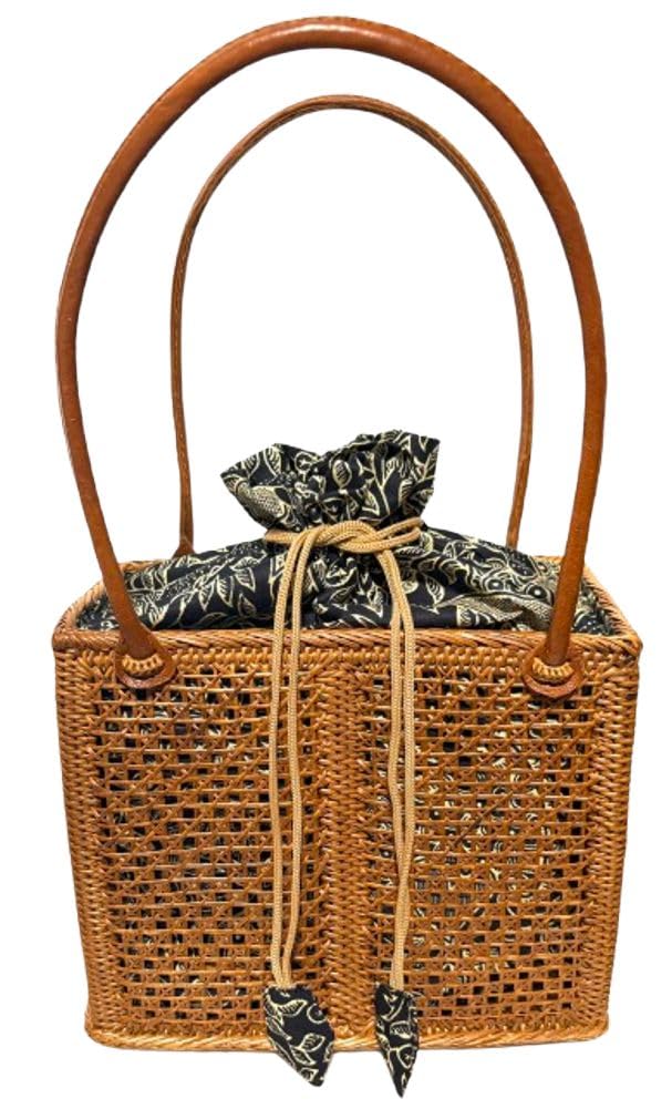 

[NANANA] Ata Bag, Square Tote with Drawstring, Black Fabric Leaf Pattern, No Lid, Leather Handles, Handwoven Bali Item [Item]