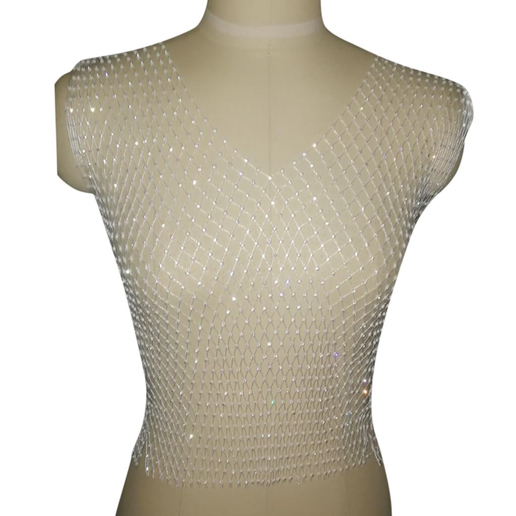 Diamond Mesh Tank Top Women Hollow Out Elastic  Rhinestone Crop Tops