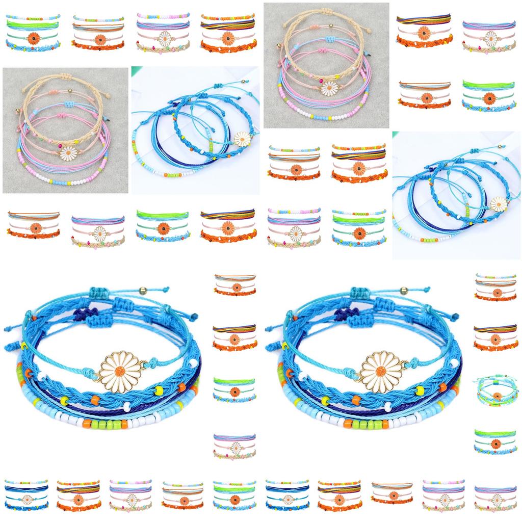 New Bohemian Style Waterproof Wax Thread Handwoven Bracelet Set With Alloy Daisy Beads