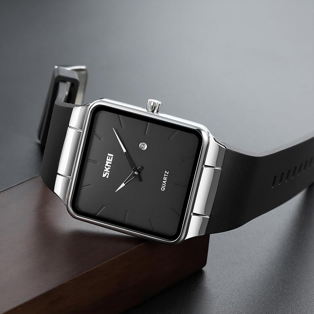 Square Men's Watch Leather Band Black Simple Slim Stylish Waterproof Business Casual Silver Black