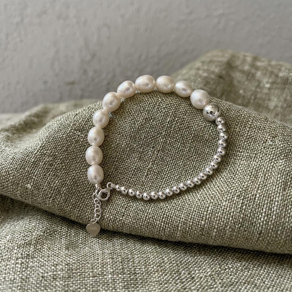 Handmade 925 Sterling Silver Freshwater Pearl Beaded Bracelet for Women Fine Jewelry Pearl Bracelets & Bangles