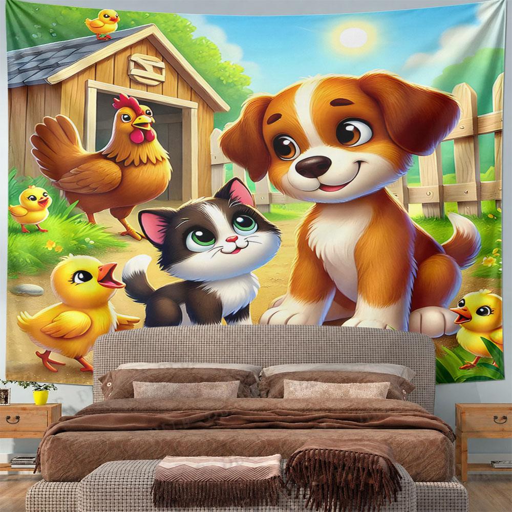 Farm Animals and Cute Pets Scene Pattern Wall Hanging Tapestry Decorative Tapestry Home Decor for Bedroom and Living Room