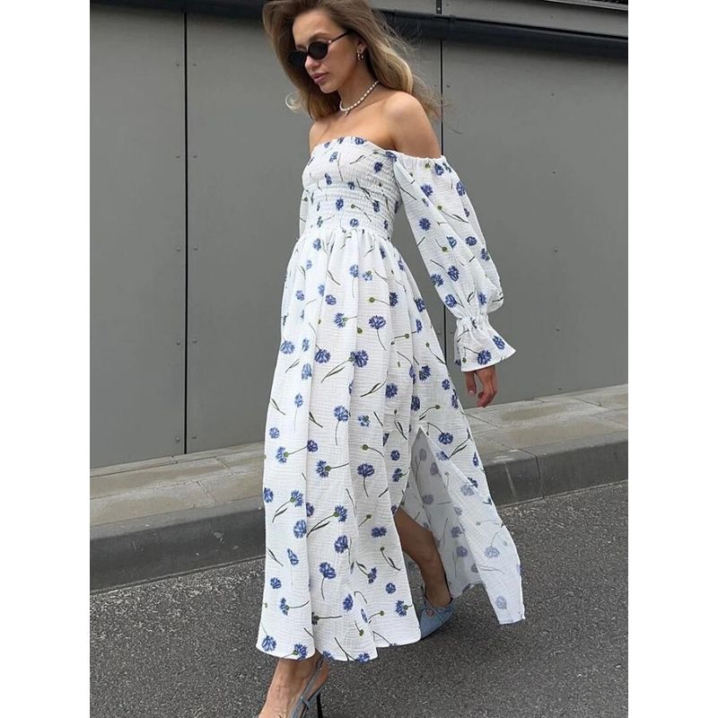 European and American-Style off-Shoulder Sexy Sexy High Waist Floral Pleat Split Lantern Sleeve Long sleeve Mid-Length Dress