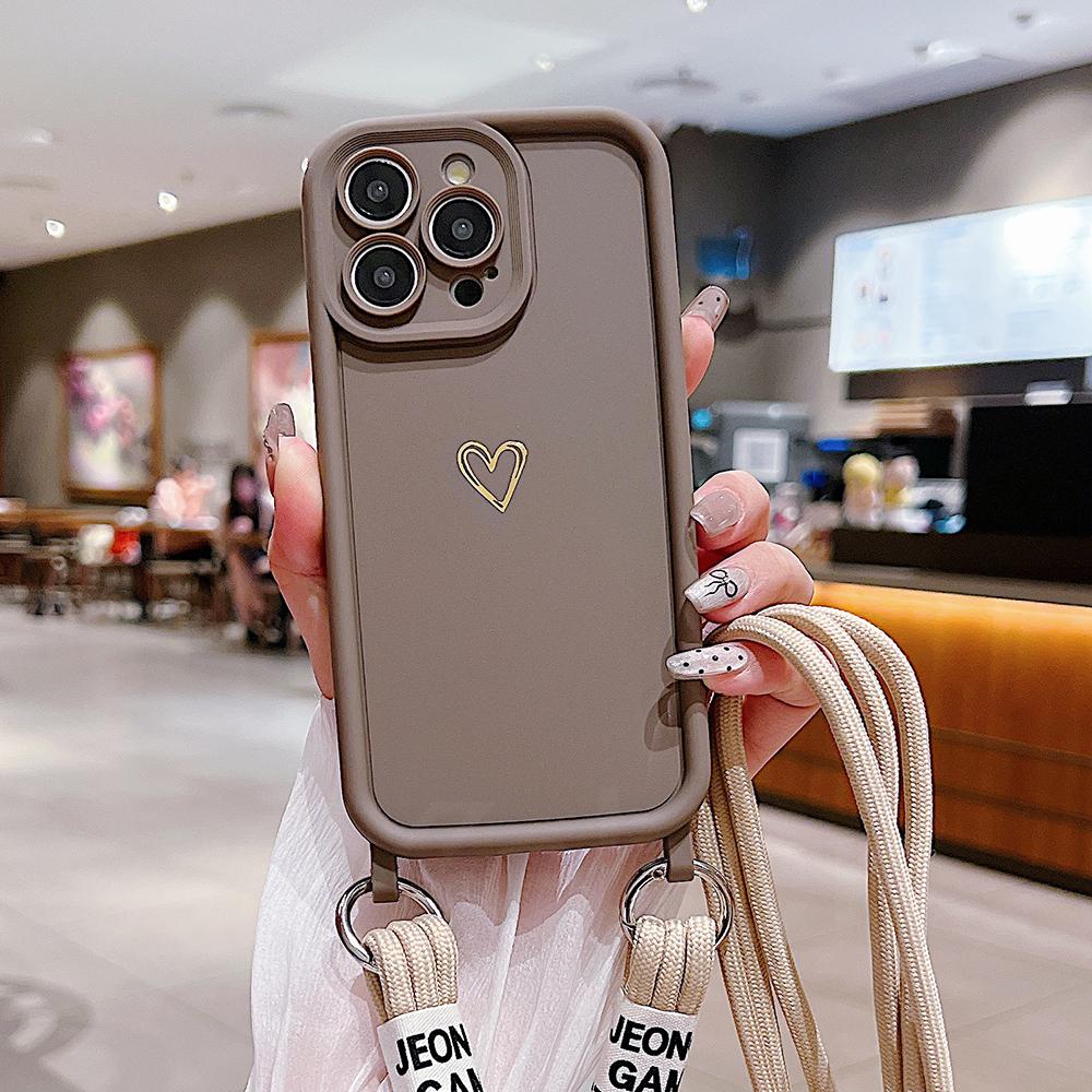 Cute Heart Crossbody Lanyard Liquid Silicone Soft Case For iPhone 17 16 15 Pro Max 14 13 12 11 XR 8 Plus Necklace Strap Cover