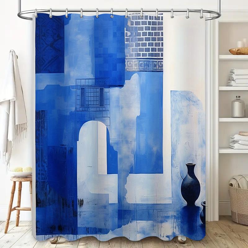 Blue White Bathing Curtain with Abstract Design for Bathroom Decoration