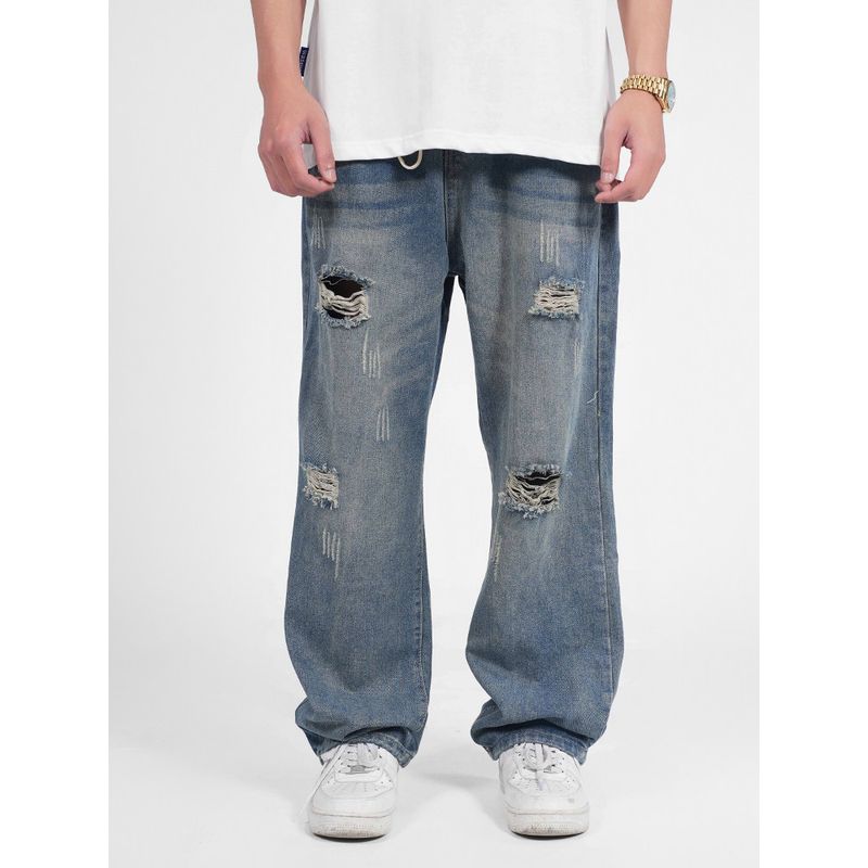 Wassup Ripped Jeans for Men, Summer Thin Style, American High Street Vintage Straight-Leg Long Pants, Versatile Trendy Brand
