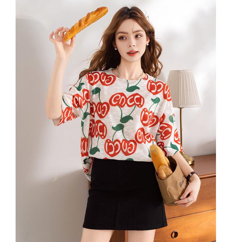 Retro Round Neck Short Sleeve Knit T-Shirt F фото