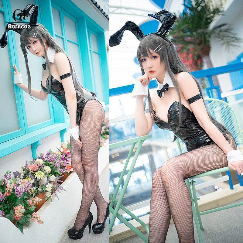 Sakurajima Mai Anime Cosplay Costume Women Sexy Costume Bunny Girl Cosplay Wigs Shiny Leather Jumpsuit Party Bodysuit