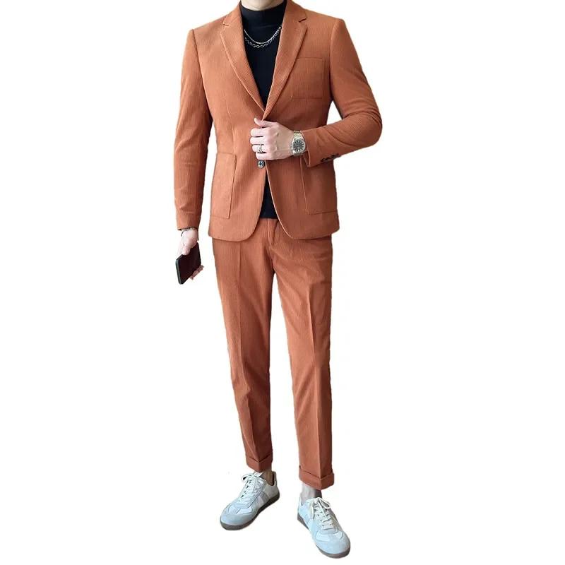 Autumn Winter Corduroy Men Suit Wedding Party 2Pcs Sets Blazer+Pants