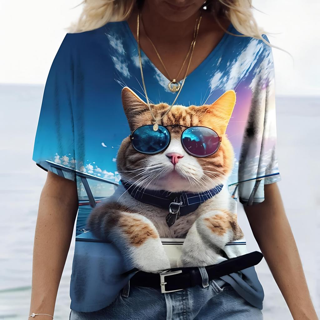 Women's Casual Summer V-Neck Short Sleeve T-Shirt Kawaii Harajuku Style Cute Kitten 3D Print Fashionable Loose