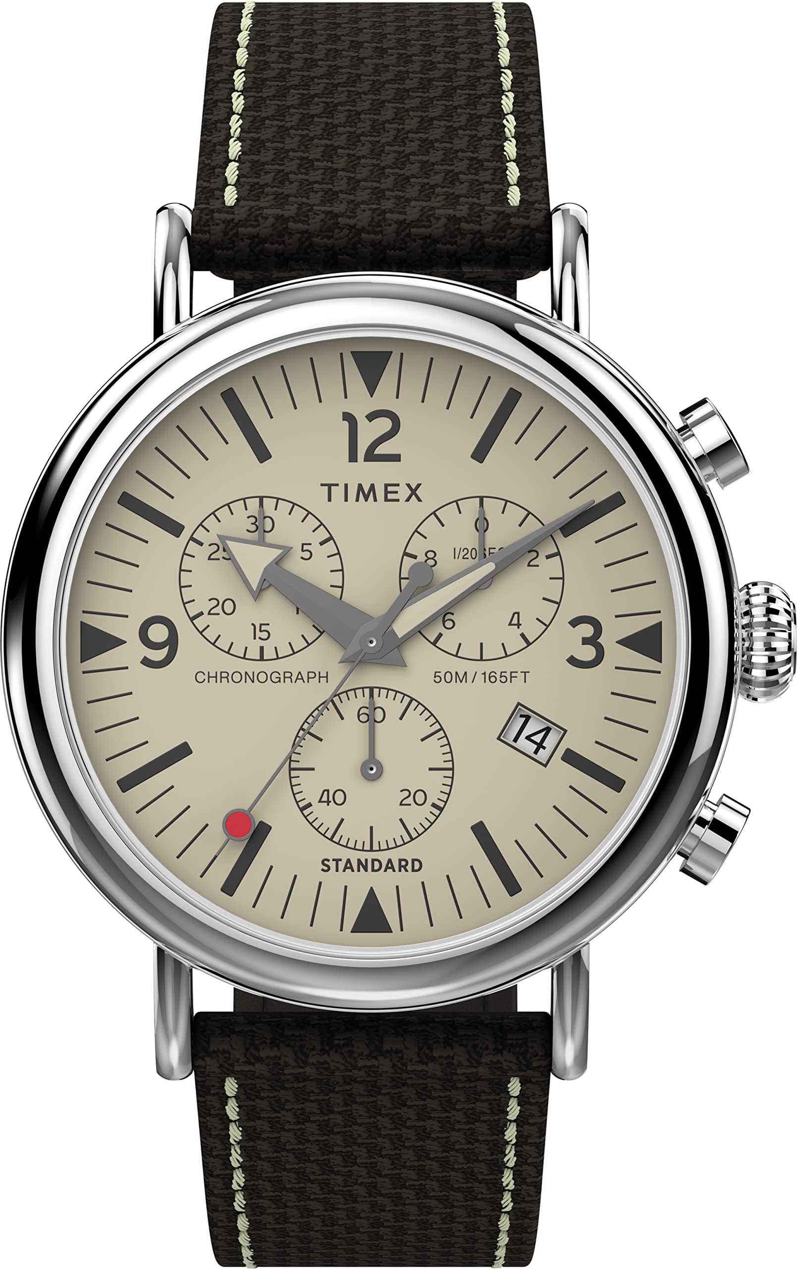 

Timex Men s Chronograph 41mm Watch, Brown/Cream/Silver Tone. , One Size, 41mm Standard Chrono Leather Combo Strap Watch.