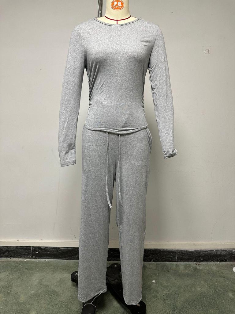 European & American Women's Solid Color Casual Sports Set: Long Sleeve Top & Wide-Leg Pants.