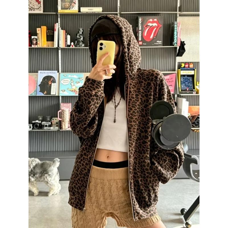 Y2K Leopard Print Hooded Jacket Women Full Zip Drawstring Hood Long Sleeve Loose Fit Streetwear Street Ladies Outerwear