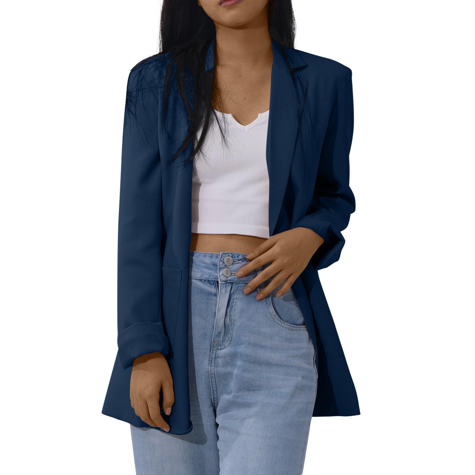 

Женский твердый кардиган с открытыми передними карманами, формальный костюм, блузка с длинным рукавом, пальто XXL тёмно-синий