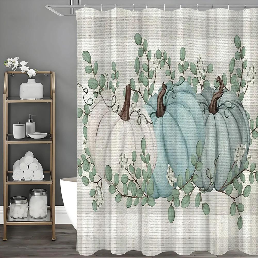 Thanksgiving Fall Pumpkin Floral Grommet Shower Curtain, Bathroom Decorative Shower Curtain, Waterproof Shower Curtain with Hook