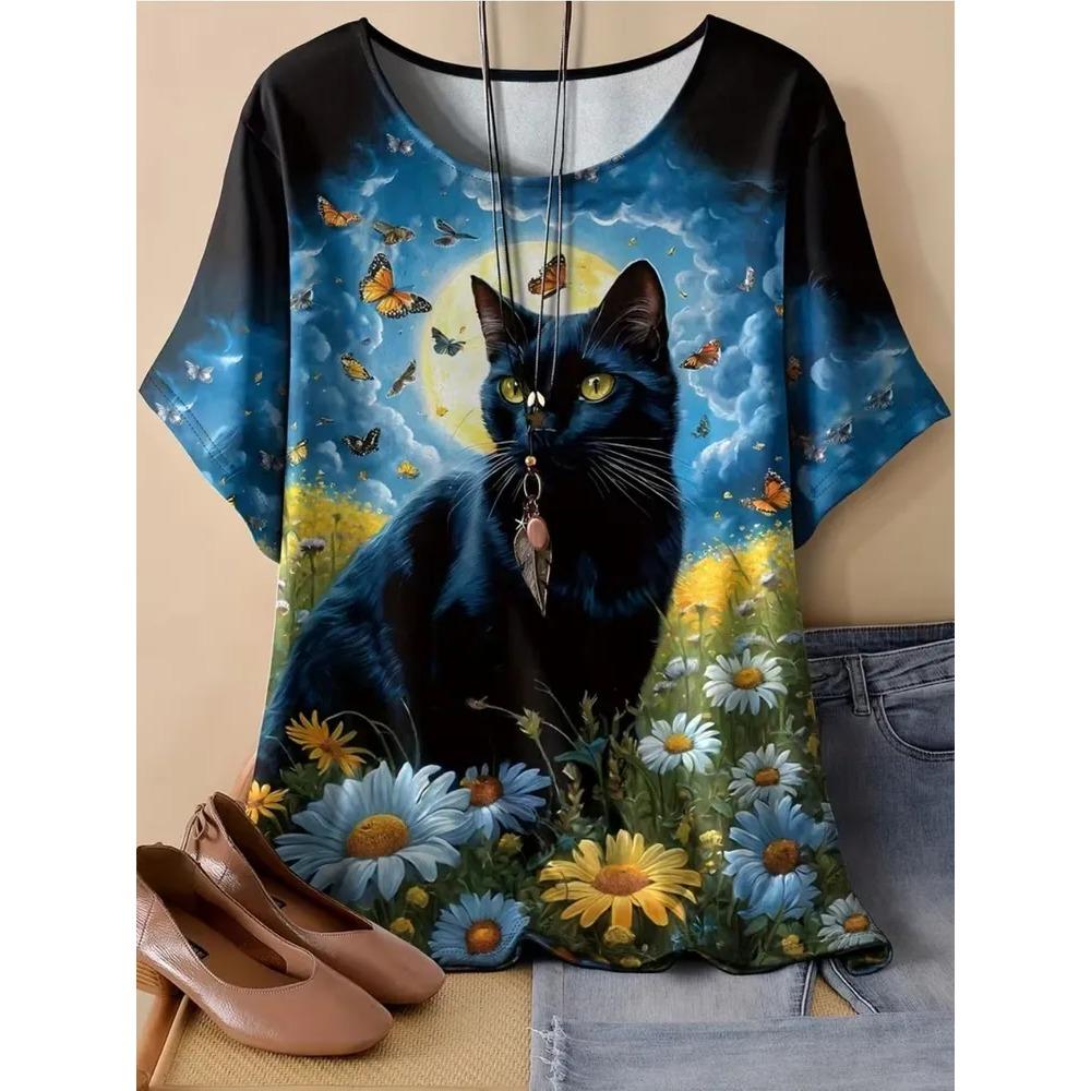 Summer Women's Loose Plus Size Creative Animal Print 3D Short Sleeved T-shirt Fashionable Comfortable Soft Breathable Short Sleeved T-shirt