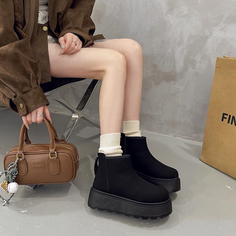 Women's Slope Heel Cotton Boots Winter New Round Head Suede Back Zipper Thick Sole Non-slip Short Snow Boots