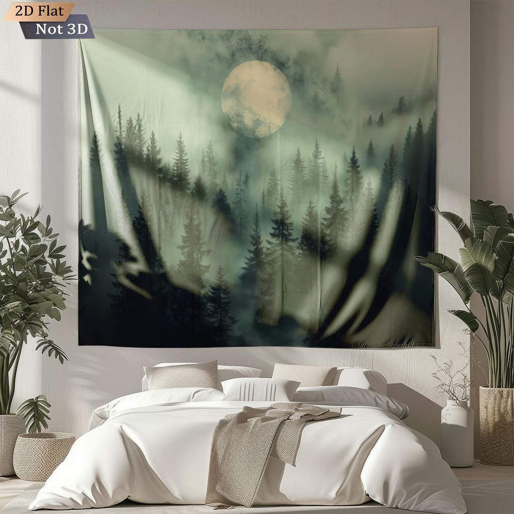 1pc Chinese Style Green Forest Printed Tapestry Living Room Wall Art Decoration Background Cloth Machine Washable Space Pendant