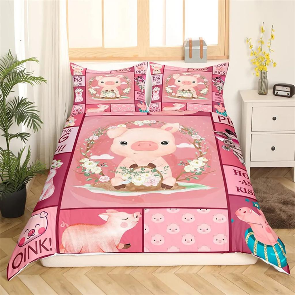 Comforter Cartoon Cute Pink Pig For Children Boys Girls Microfiber Pigs Floral Cartoon Farm Animals Theme Bedroom Decorations