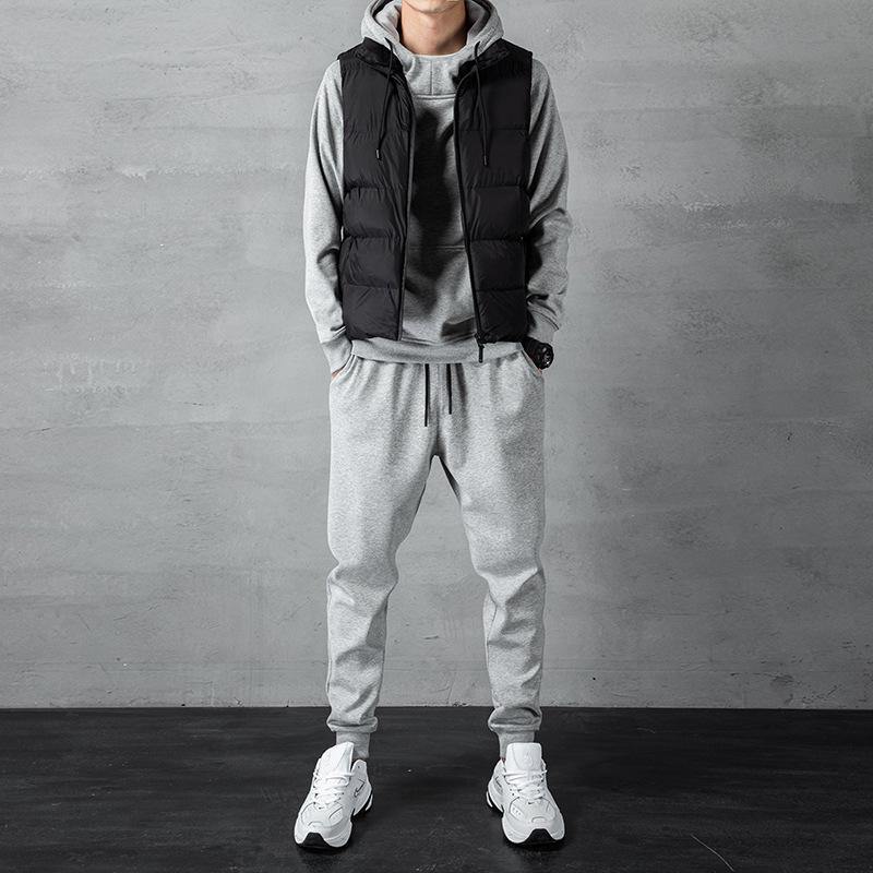 

Мужской осенне-зимний корейский свитер с капюшоном: Большой размер плюс бархатный толстый кардиган жилет комплект из 3 предметов M