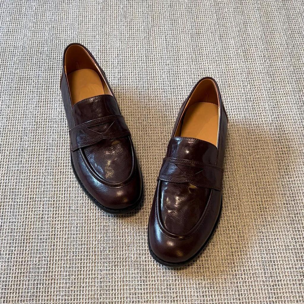 Sheepskin Version~ Retro Leather One-pedal Lazy Shoes Women's Thick Heel Flat-soled Single Shoes British Style Small Leather Shoes Loafers