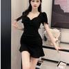 Sexy v-neck low-cut bubble sleeve dress, women's temperament, ruffle edge pleats, belly cover and thin hip skirt