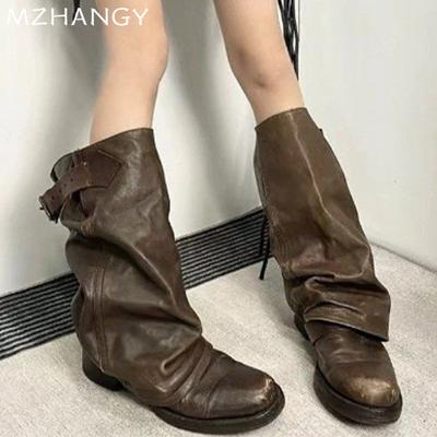 Dames Leer Hoge Laarzen Flats Mode Kniehoge Schoenen Vrouw 2025 Trend Geplooid Winter Nieuw Goth Motorlaarzen Mujer Botas