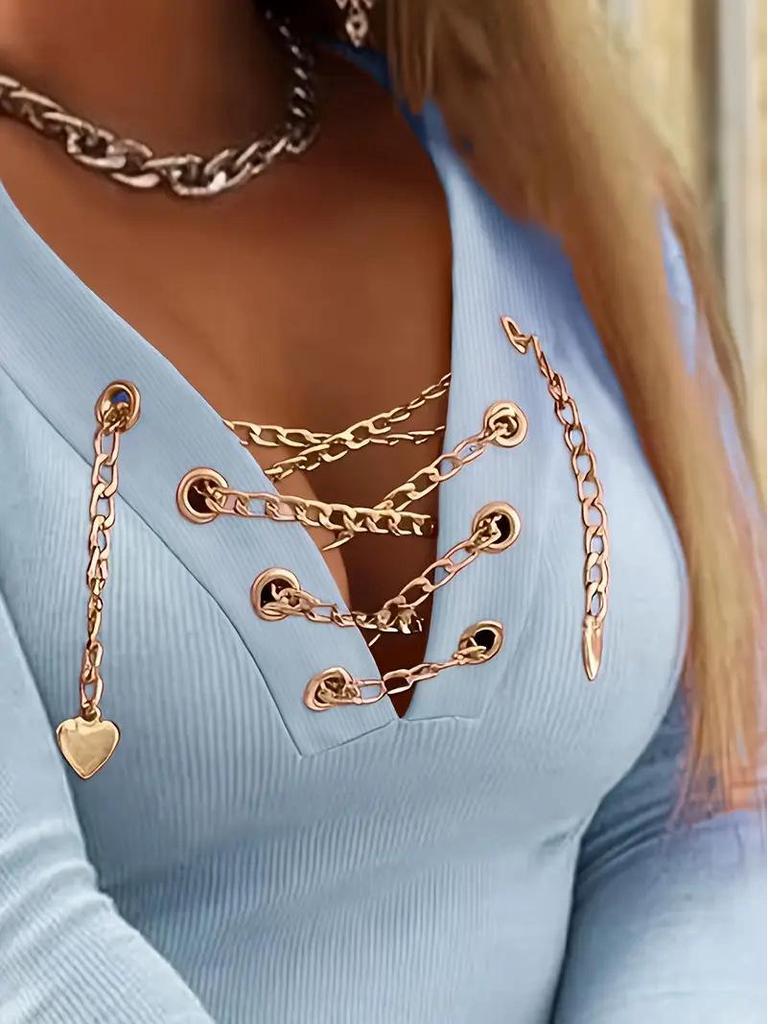 European Slim V-neck Chain Long Sleeve Women's Top - 2025 Collection