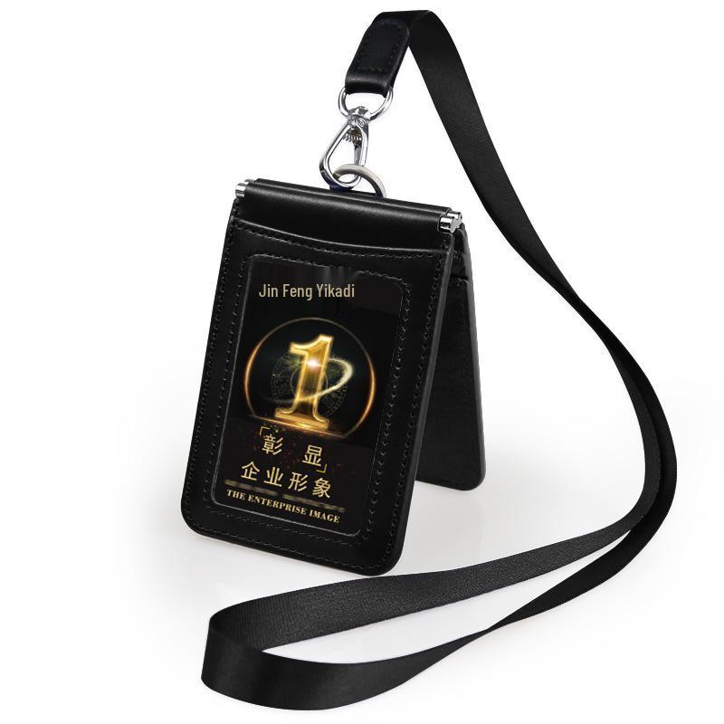 Five-Card Anti-Interference Cowhide ID Holder with Neck Lanyard - Premium Work Badge/Name Tag Holder