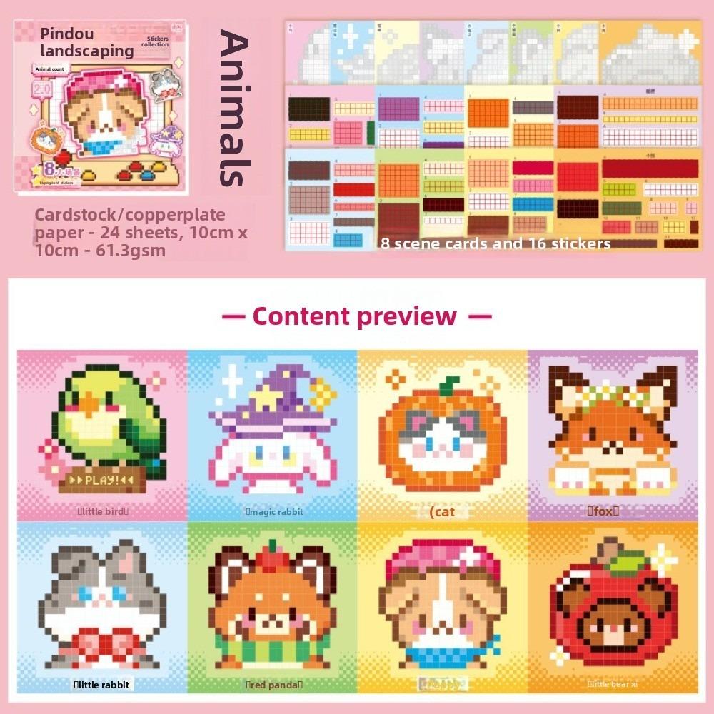 Pixel Style Scenery Sticker Book 24 Sheets 8 Scene Animal & Shop 3D Stacking Stickers Mini Size Miniature Scene Sticker