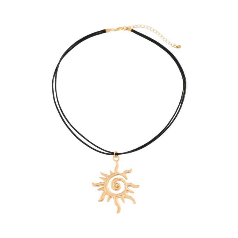 Stylish Metal Coil Sunflower Pendant Necklace Leather Necklace Goth Jewelry For Women