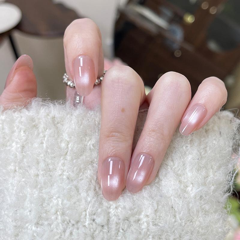 24 STÜCKE Pfirsichfarbener Farbverlauf Katzenaugen-Press-on-Nägel Reiner Farbe Rouge Kurze Ovale Falsche Nägel Ins Französischer Stil Falsche Nagelspitzen mit Design