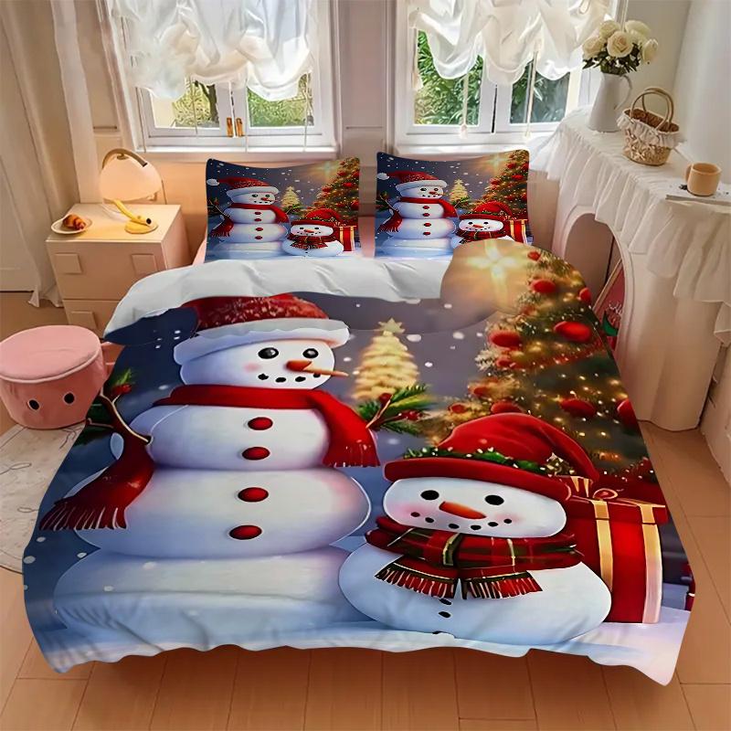 3pcs Christmas Snowman Family Bedding Set - Includes One Quilt Cover and Two Pillowcases (No Core) - Festive Decor for Bedroom and Guest Room - Polyes
