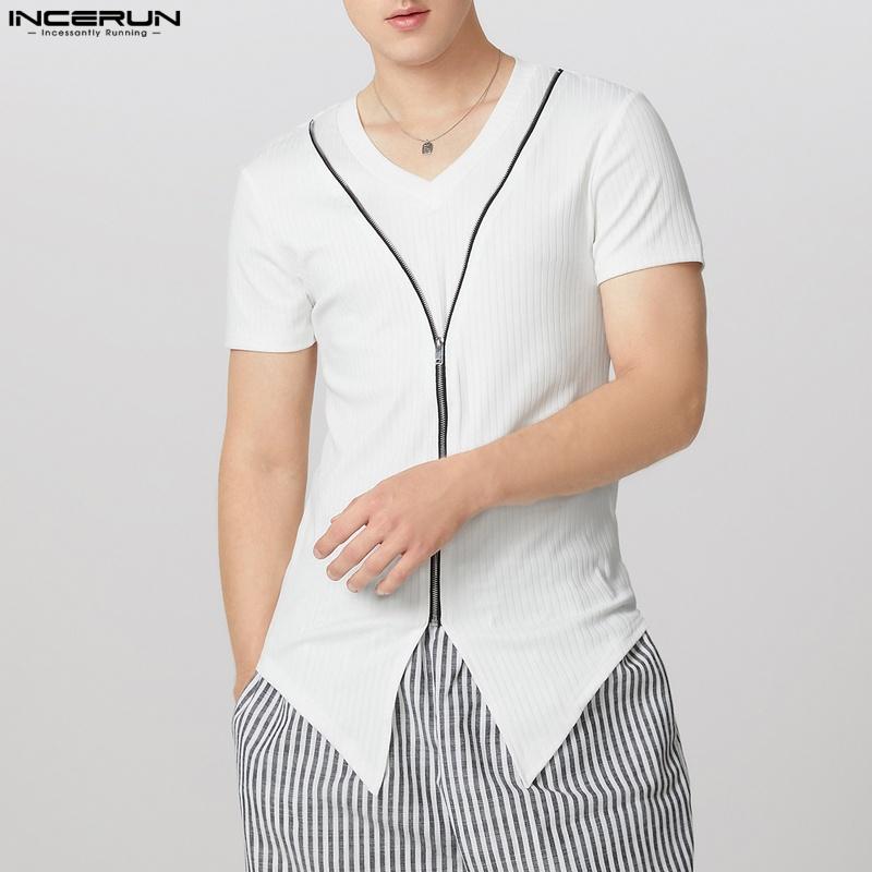 

INCERUN Мужские футболки с V-образным вырезом, коротким рукавом, разрезами по низу, молнией, повседневные, летние, в рубчик 2XL белый