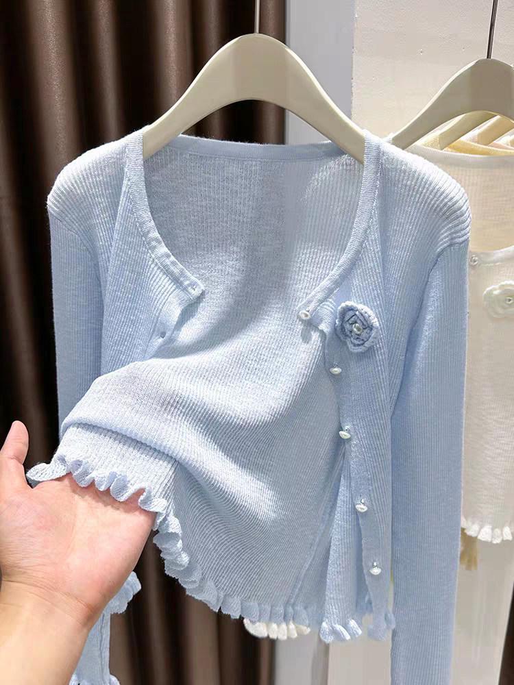 Korean Style Ruffle Flower Knit Sun Protection Cardigan for Women - Spring 2026