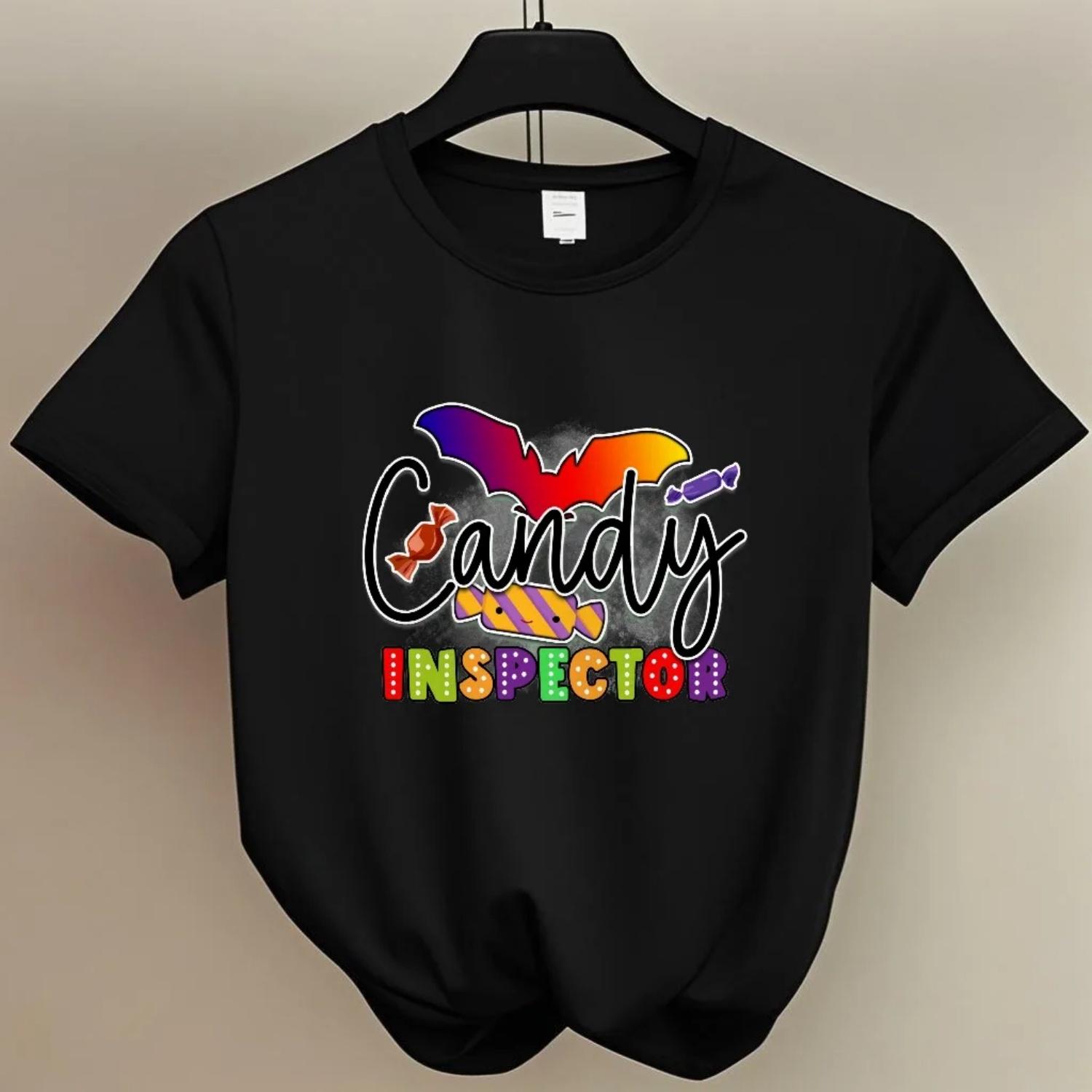 Women s Short Sleeve T-Shirt Candy Inspector Print for to Autumn Halloween related Events Young Women with a Playful Festive S чёрный