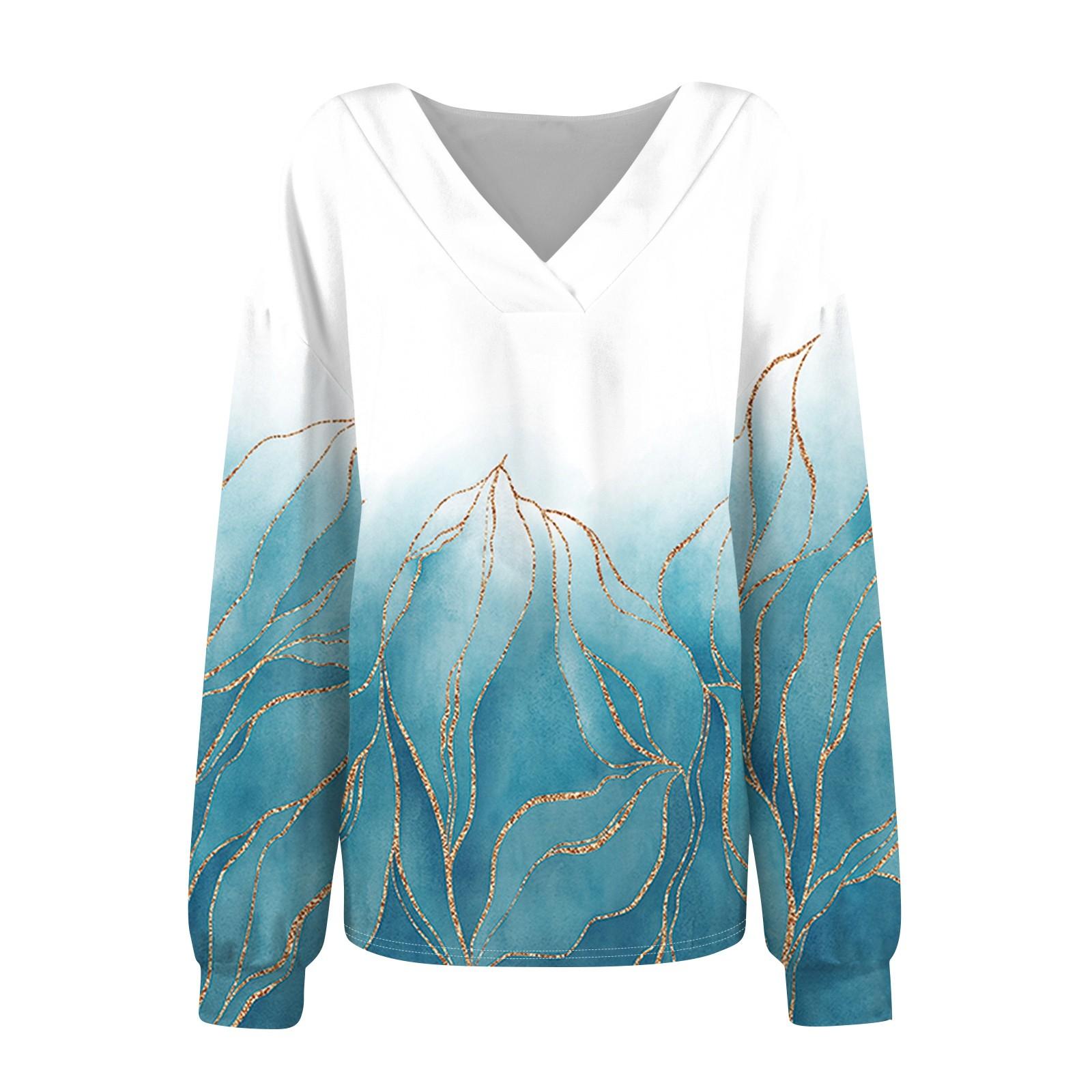 Женская мода V-образный вырез длинный рукав принтованный свободный пуловер свитшот топ — фото 4