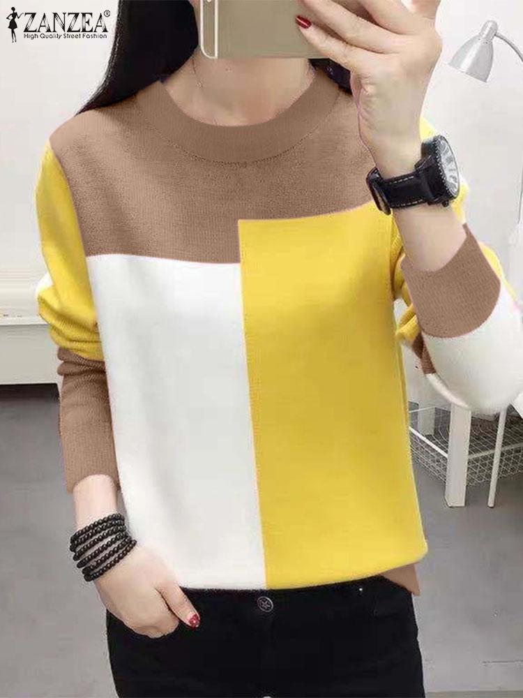 Damenmode Stricktops 2024 Herbst Freizeit T-Shirts Langarm Farbpatchwork T-Shirts O-Ausschnitt Elegante T-Shirts Femininas