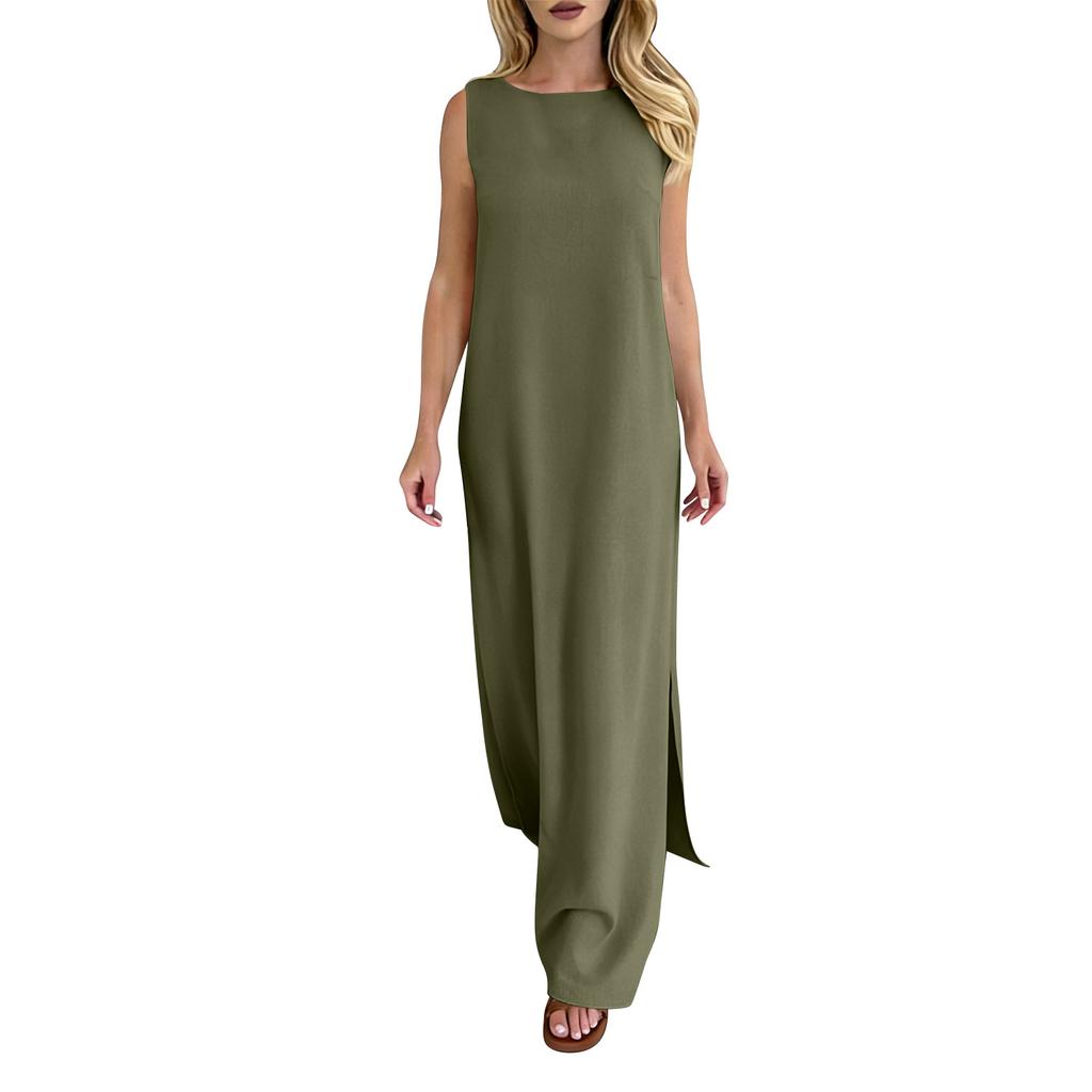 Women's Fashion Round Neck Sleeveless Colour Casual Resort Maxi Dress With Split Hem In Cotton,Linen Blend