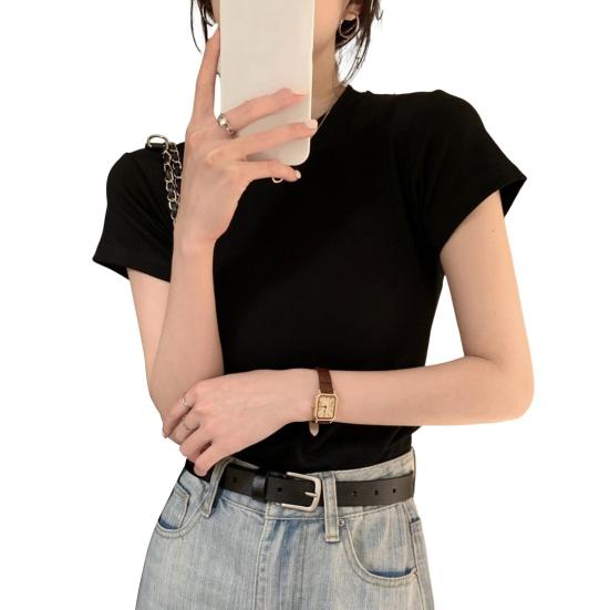 Women Slim Fit T-shirt O-neck Short Sleeve Pullover Tops Solid Color Stretchy Soft Tee Shirt Streetwear