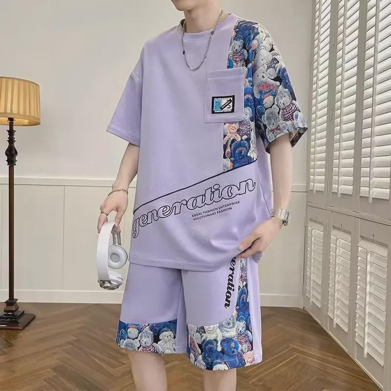 2024 Men's Summer Short-Sleeved Suits: Trendy Hong Kong Style with Personalized Prints, Loose Fit, Youthful Five-Point Sleeves.