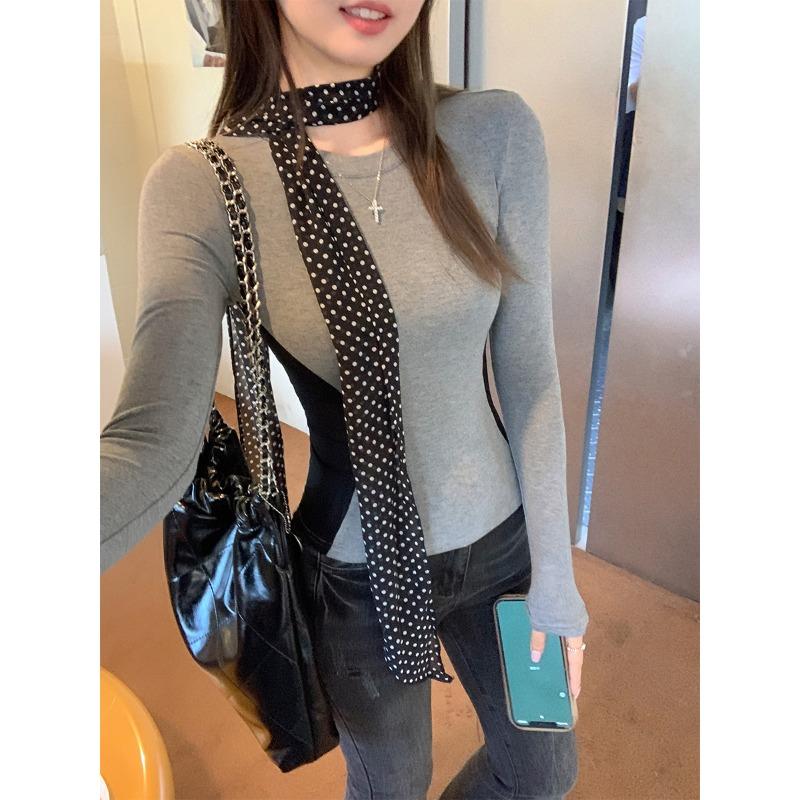 Round Neck Right Shoulder Splicing Brushed Thickened Bottoming Shirt Top Autumn and Winter with Slim Waist Long-sleeved T-shirt