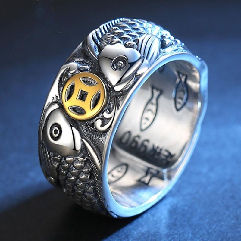 Adjustable Open Ring Men Women Vintage Lucky Fish Coin Motif Plated Retro Style Statement Jewelry