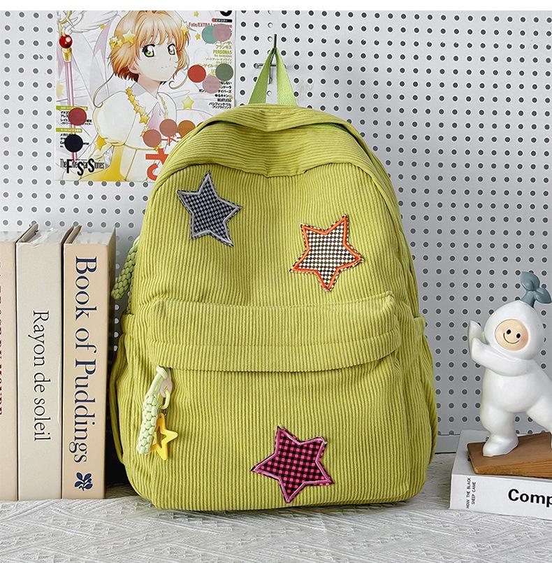 Women's Mori Style Corduroy Backpack - Harajuku Middle School Bookbag with Star Design for Travel