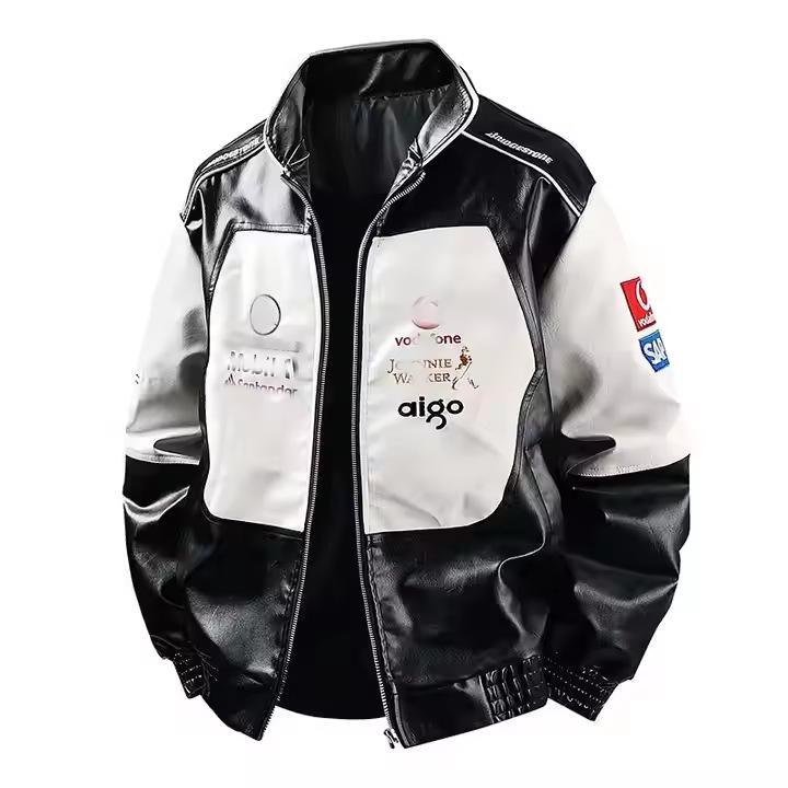 Męska stylowa kurtka F1 Racing ze skóry PU z haftem - Styl motocyklowy i baseballowy