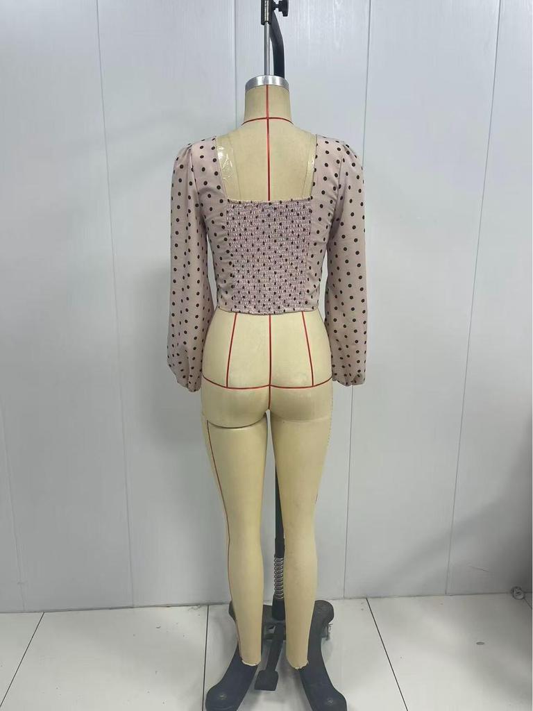 2025 Fashionable Women's French Chic Polka Dot Square Neck Top with Puff Sleeves