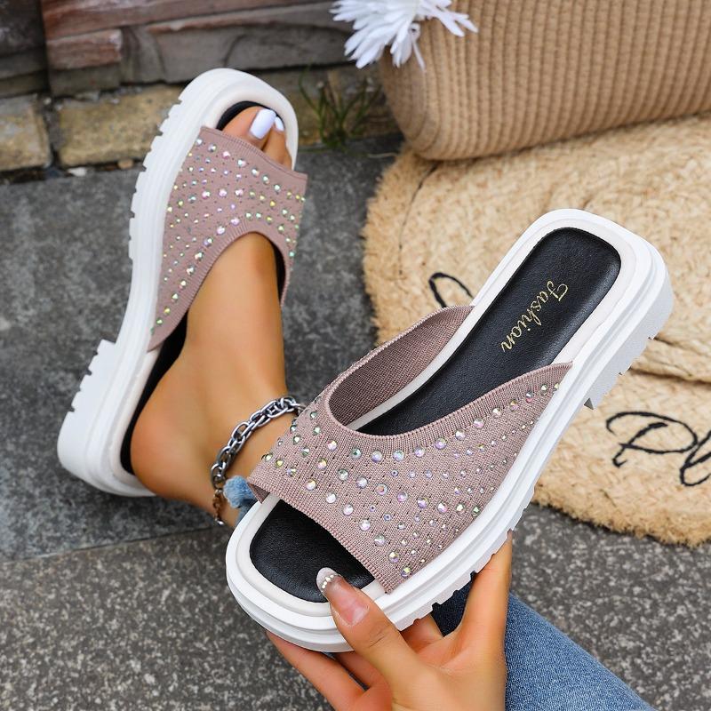 Fashion Ladies Slippers Summer Fashion Casual Mesh Comfortable Sequined Platform Waterproof Slippers Outdoor Flat Shoes. Plus Size43