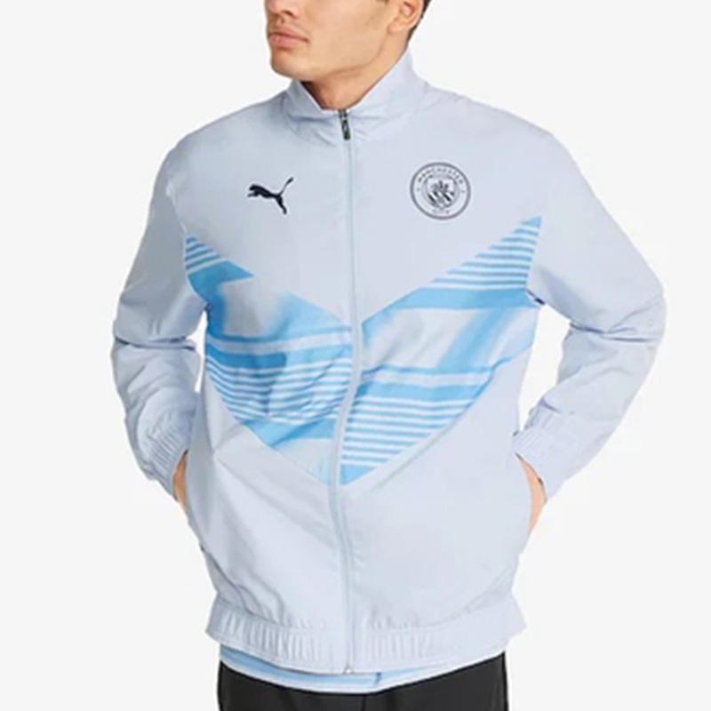 Puma Mcfc Předzápasová bunda Logo Geometrický potisk Stojáček Ležérní Zapínání na zip Tkaná bunda Pánská bunda Světle modrá 765180-01