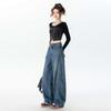 Women's High Waist Wide Leg Retro Scimitar Jeans - Deep Blue, Versatile Spring & Autumn