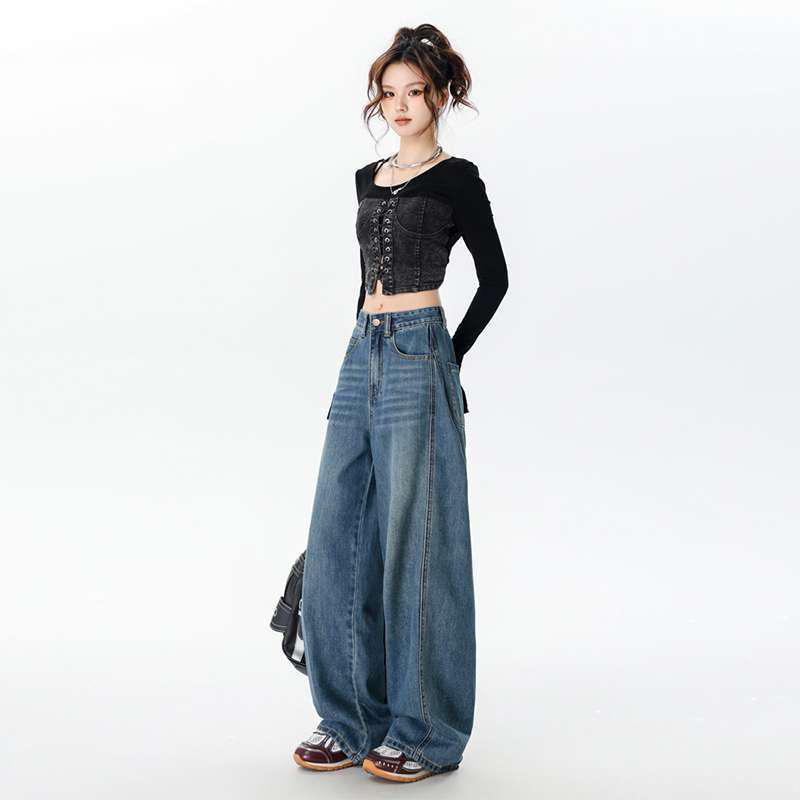 

Women s High Waist Wide Leg Scimitar Pants - Retro Deep Blue, Loose Fit for Spring and Autumn Extra Small (XS)